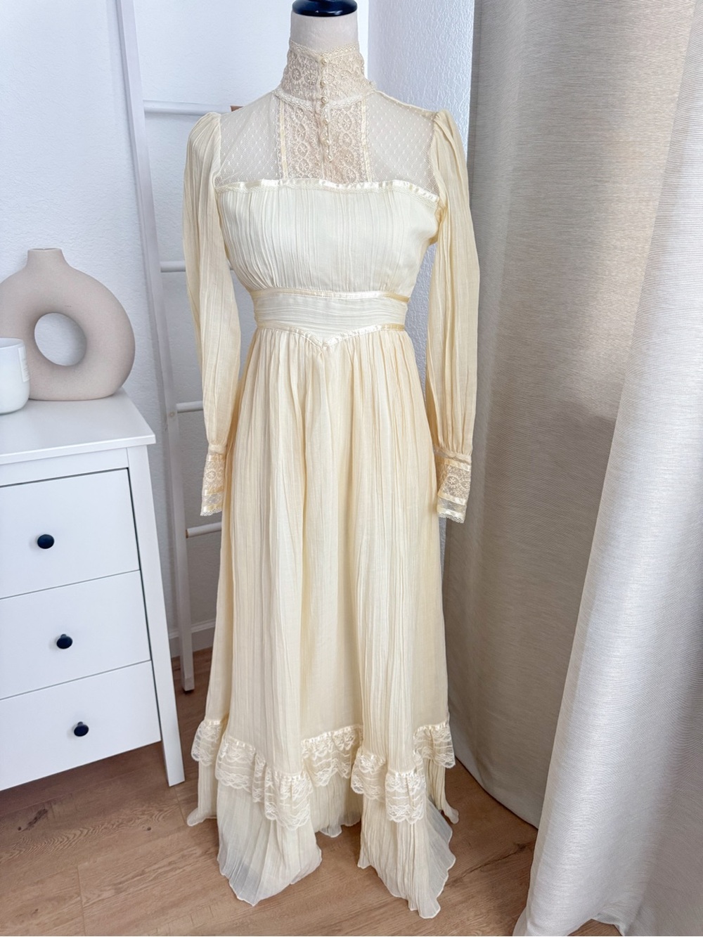 Vintage Gunne Sax by Jessica Vintage Ivory Lace Prairie Maxi Dress Open Back